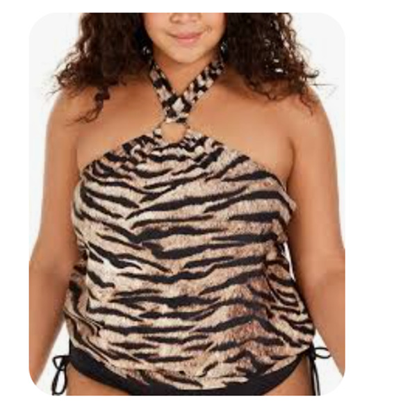 Michael Kors Tiger Brown Animal Print Blouson Halter Swimsuit Tankini Top 18W - Picture 2 of 3